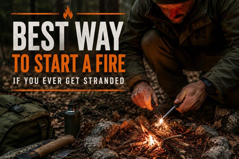 Poster with the title 'Best Way to Start a Fire If You Ever Get Stranded' over a campsite scene of a man tending a campfire in a forest, gear nearby, sparks flying.