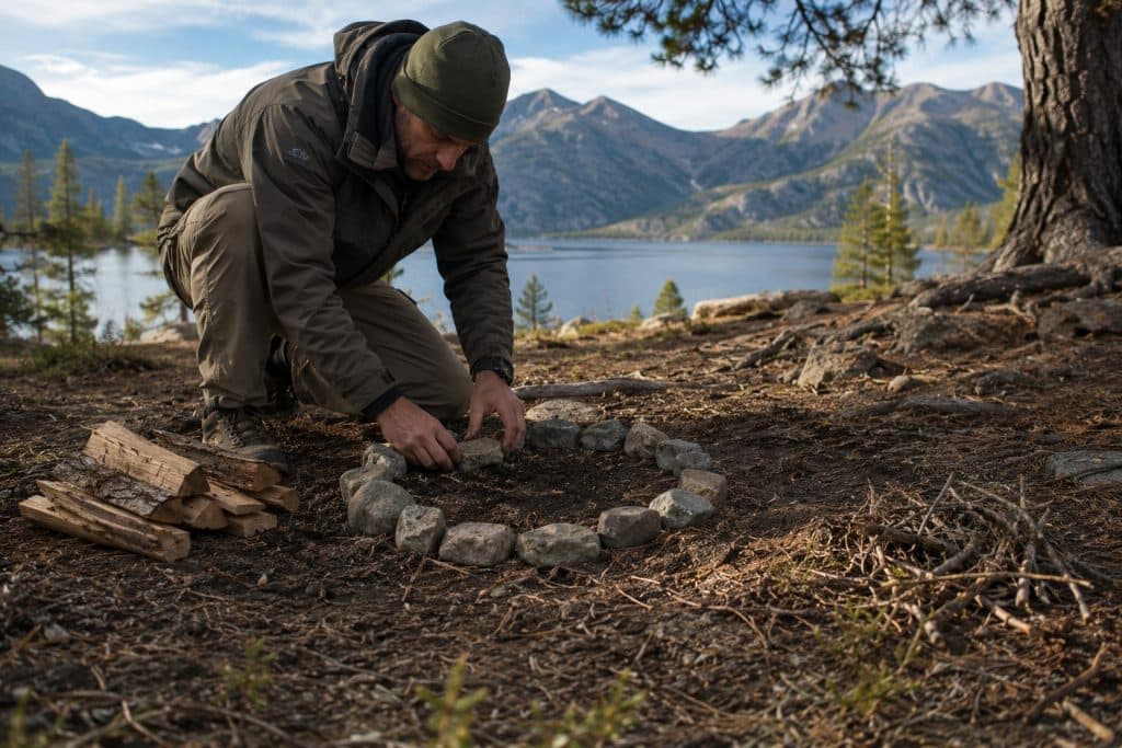 Man outdoors places rocks in a circular ring on the forest floor by a lake and mountains in the background.