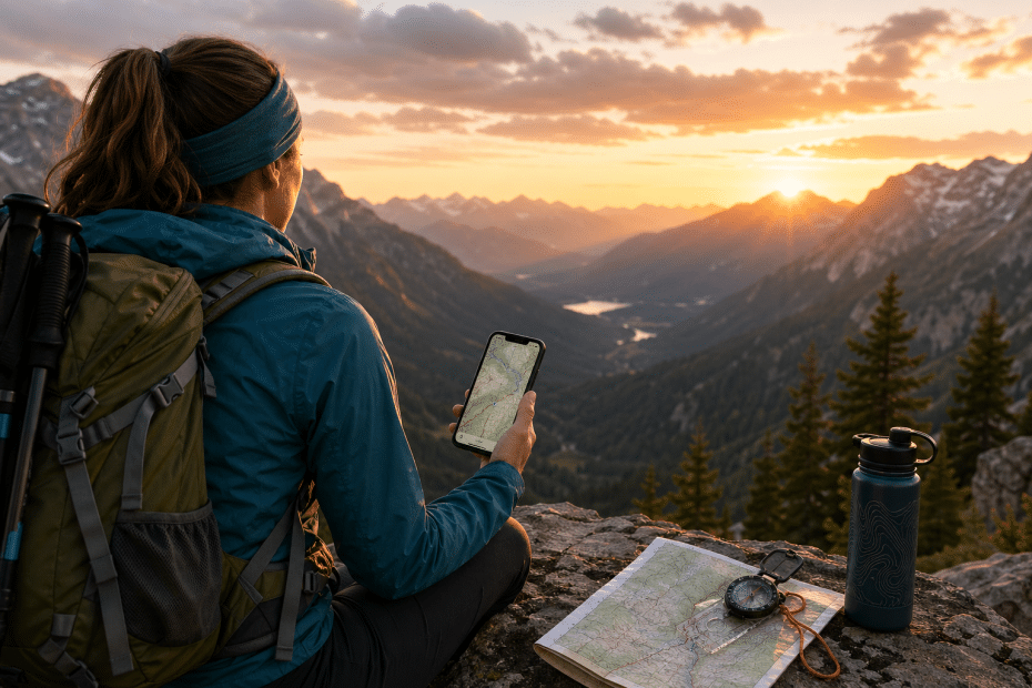 Hiker in teal jacket with a backpack sits on a rocky ledge at sunset, looking at a map on a smartphone with a compass and water bottle nearby.