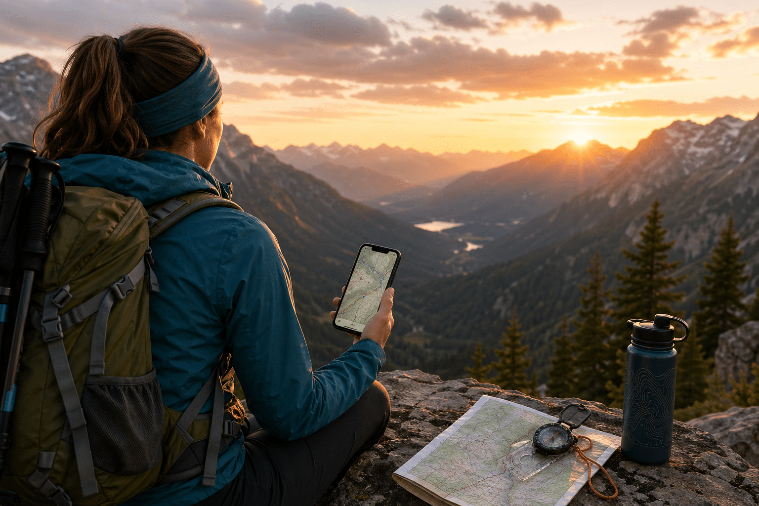 Hiker in teal jacket with a backpack sits on a rocky ledge at sunset, looking at a map on a smartphone with a compass and water bottle nearby.