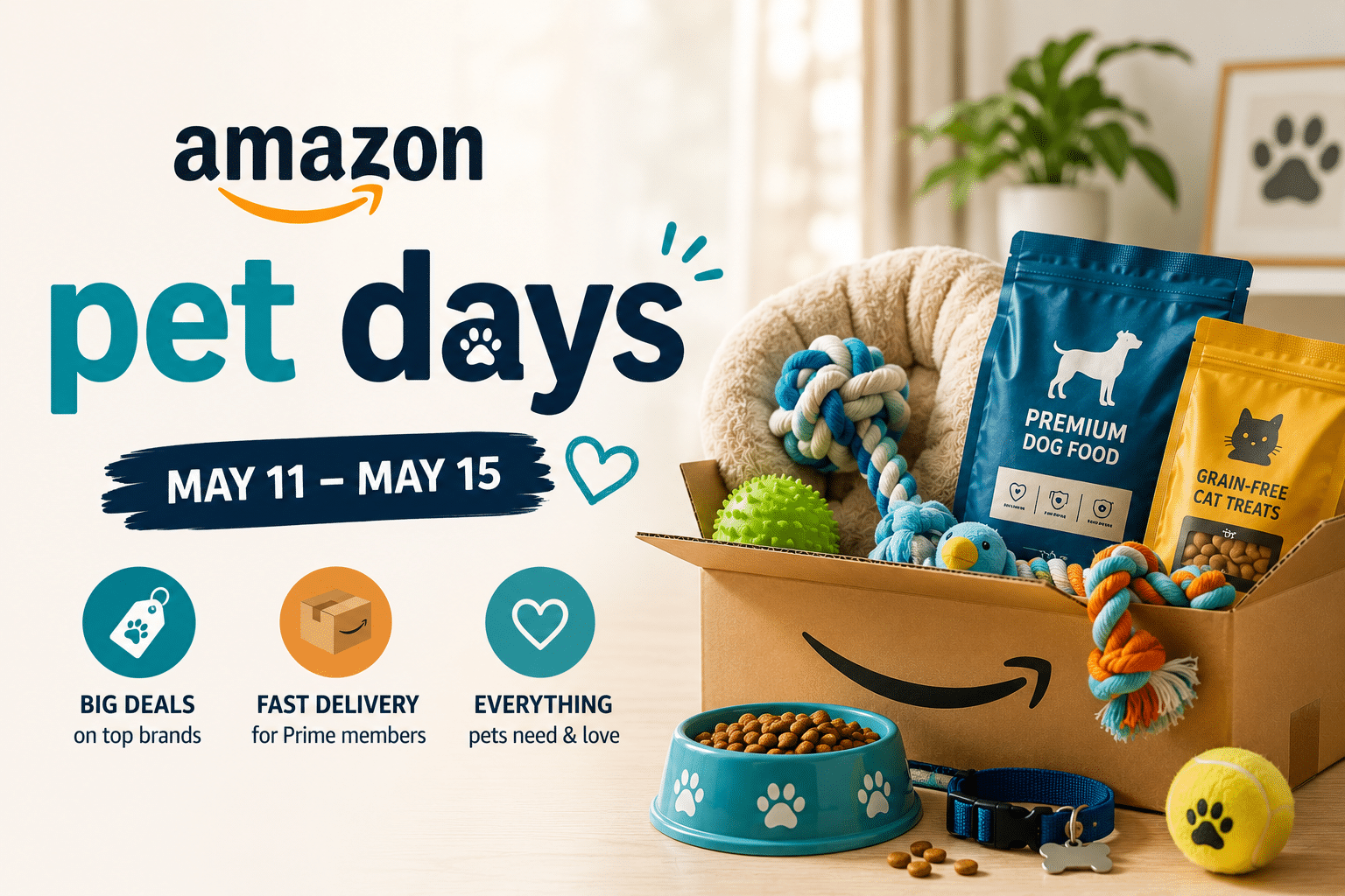 Amazon Pet Days banner showing pet supplies in a box: dog food, cat treats, toys, bowls, and the dates May 11–15.