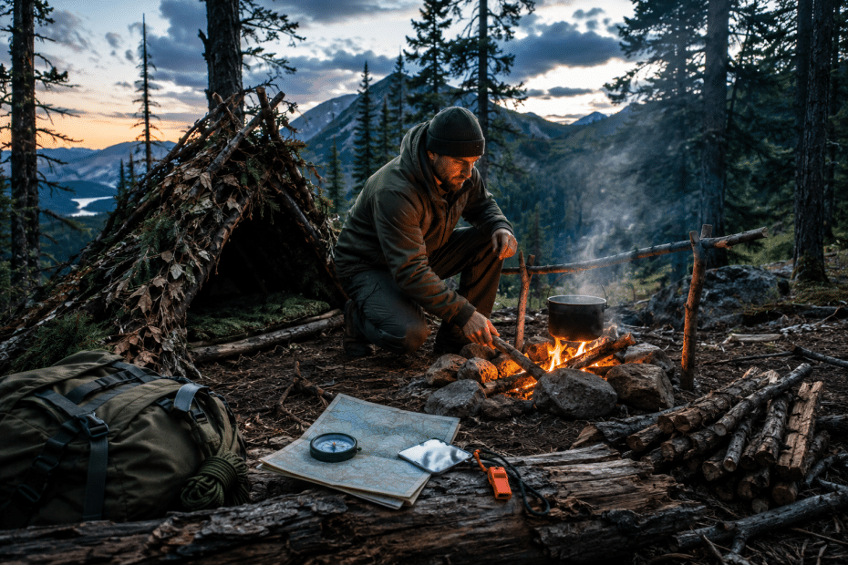 Hiker crouches by a campfire in a forested mountain campsite, tending flames under a hanging pot with a leaf-covered shelter in the background, gear nearby beyond a backpack and map.
