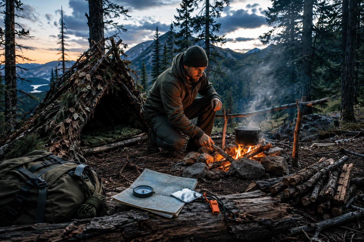 Hiker crouches by a campfire in a forested mountain campsite, tending flames under a hanging pot with a leaf-covered shelter in the background, gear nearby beyond a backpack and map.